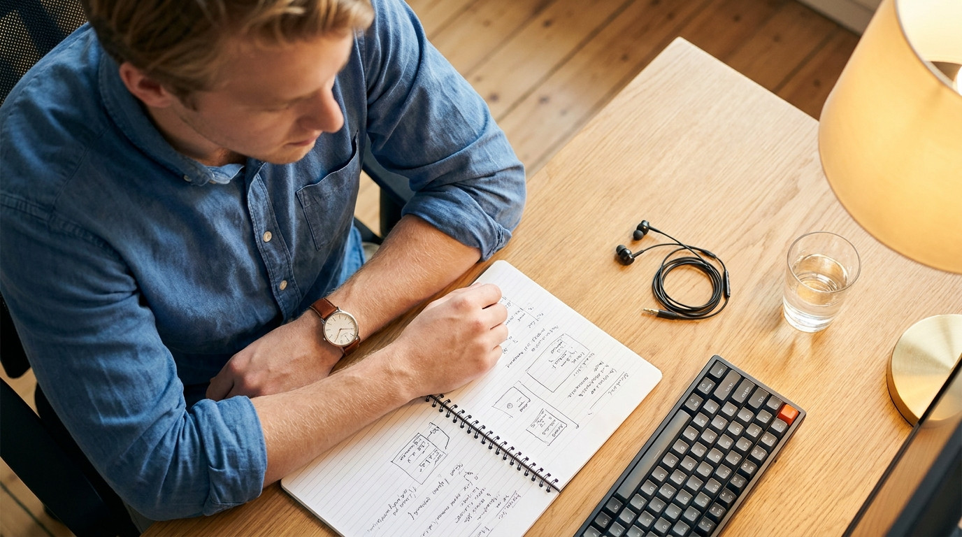 Overhead close-up of a study setup for a technical interview, a spiral notebook open to handwritten pseudocode next to a