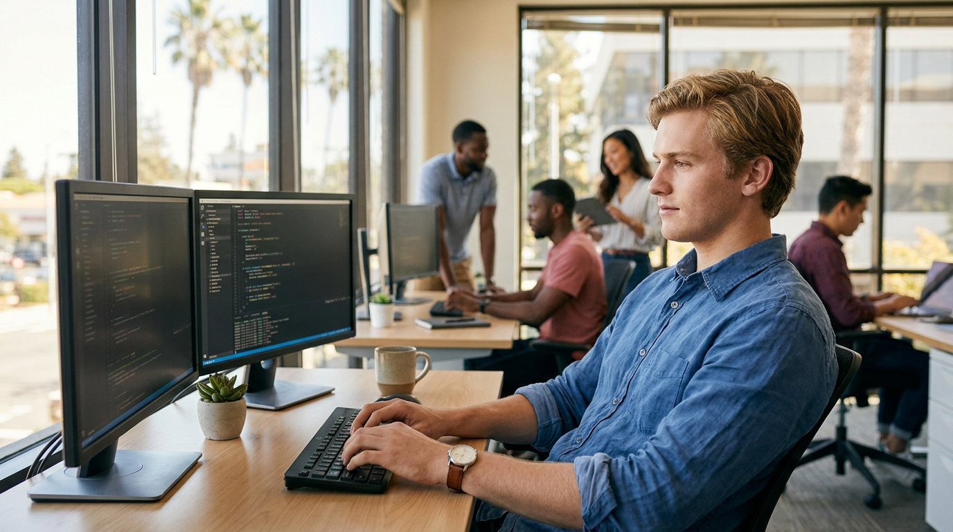 Young software engineer sitting at a dual-monitor workstation in a modern open-plan office, typing code on a dark-themed