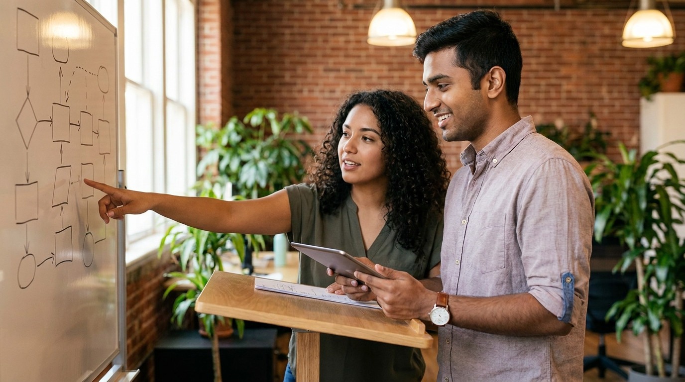 Two interns collaborating at a standing desk in a bright tech office, one pointing at a whiteboard covered in flowchart 