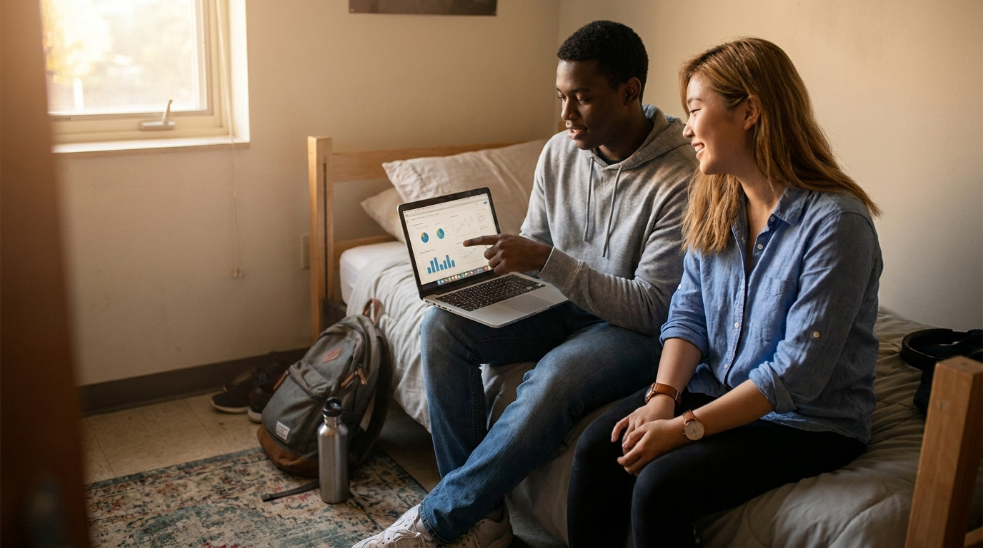 Student in a hoodie sitting cross-legged on a dorm bed with a laptop open, reviewing data visualizations on the screen, 