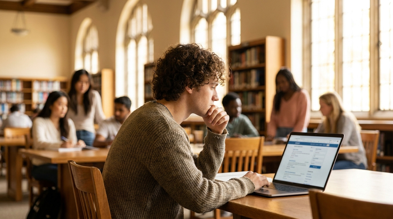 College student searching for entry-level computer science jobs on laptop in uni