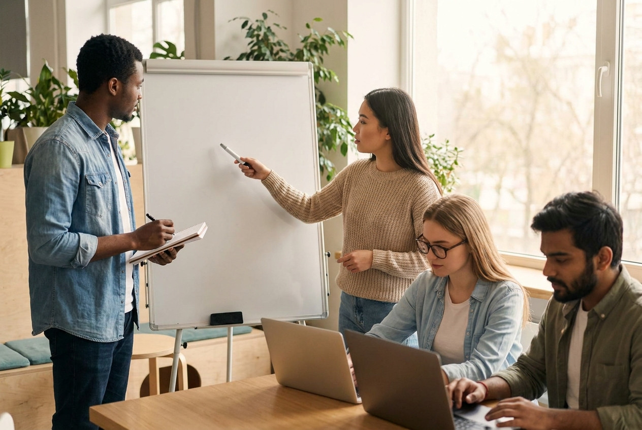 Young tech professionals collaborating in modern office discussing non-coding career paths