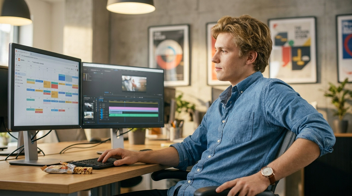 A young professional sitting at a dual-monitor workstation inside a modern media company office, reviewing a social medi