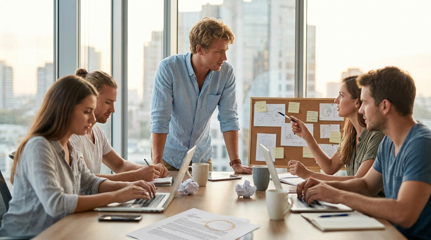 A small group of three college-age interns collaborating around a conference table in a bright modern office, one pointi