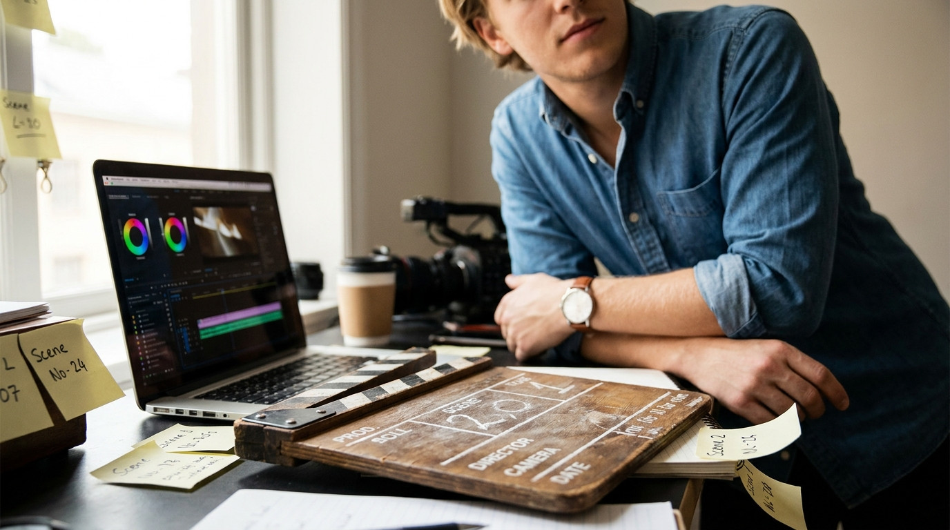 A close-up of a clapperboard resting on a production desk next to a laptop showing a color grading interface, scattered 