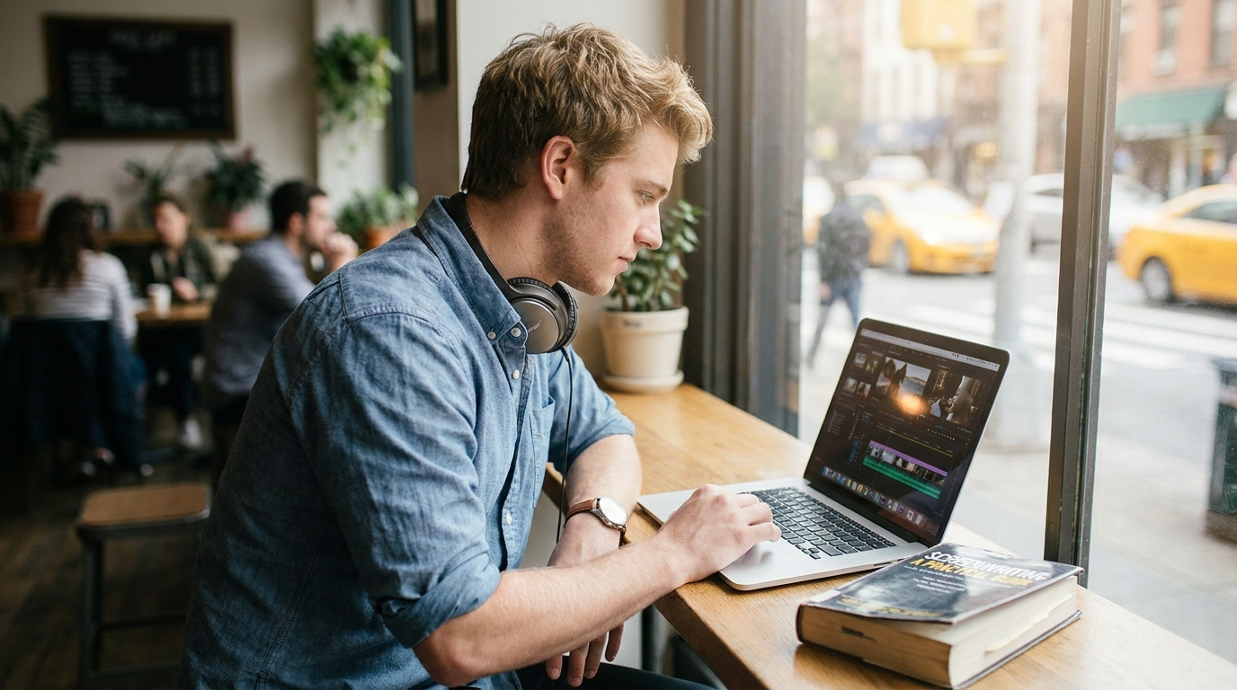 A college student working on a laptop at a coffee shop window seat, editing a short film project with headphones around 