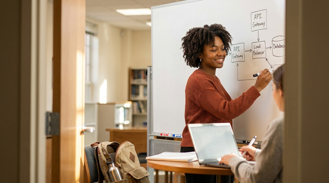 A student at a whiteboard in a study room sketching a system design diagram with boxes labeled