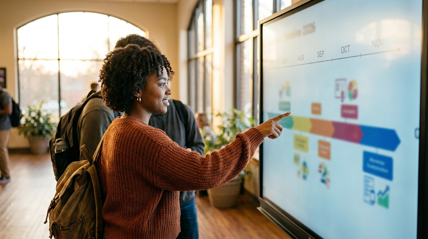 A large digital wall display in a university career center showing a color-coded