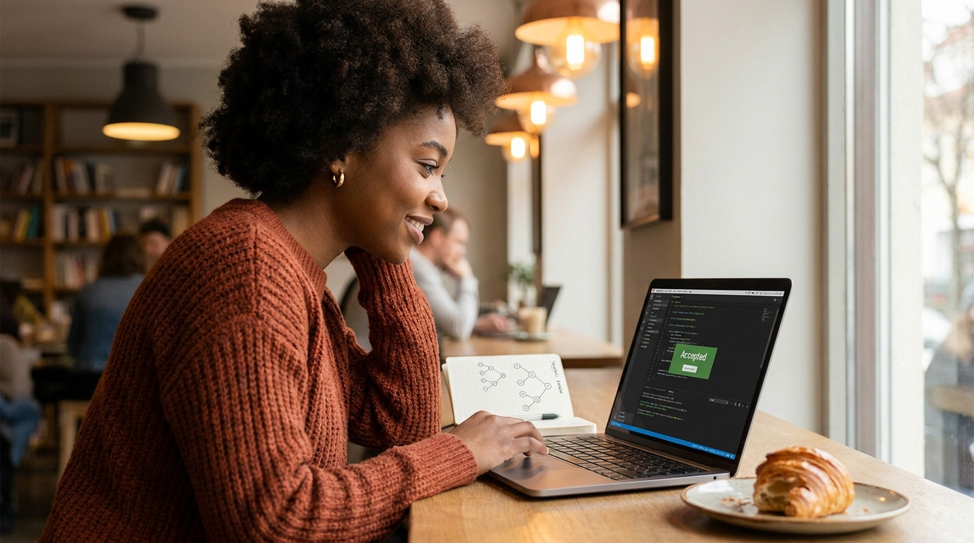A student working through a coding problem on a laptop screen in a quiet coffee