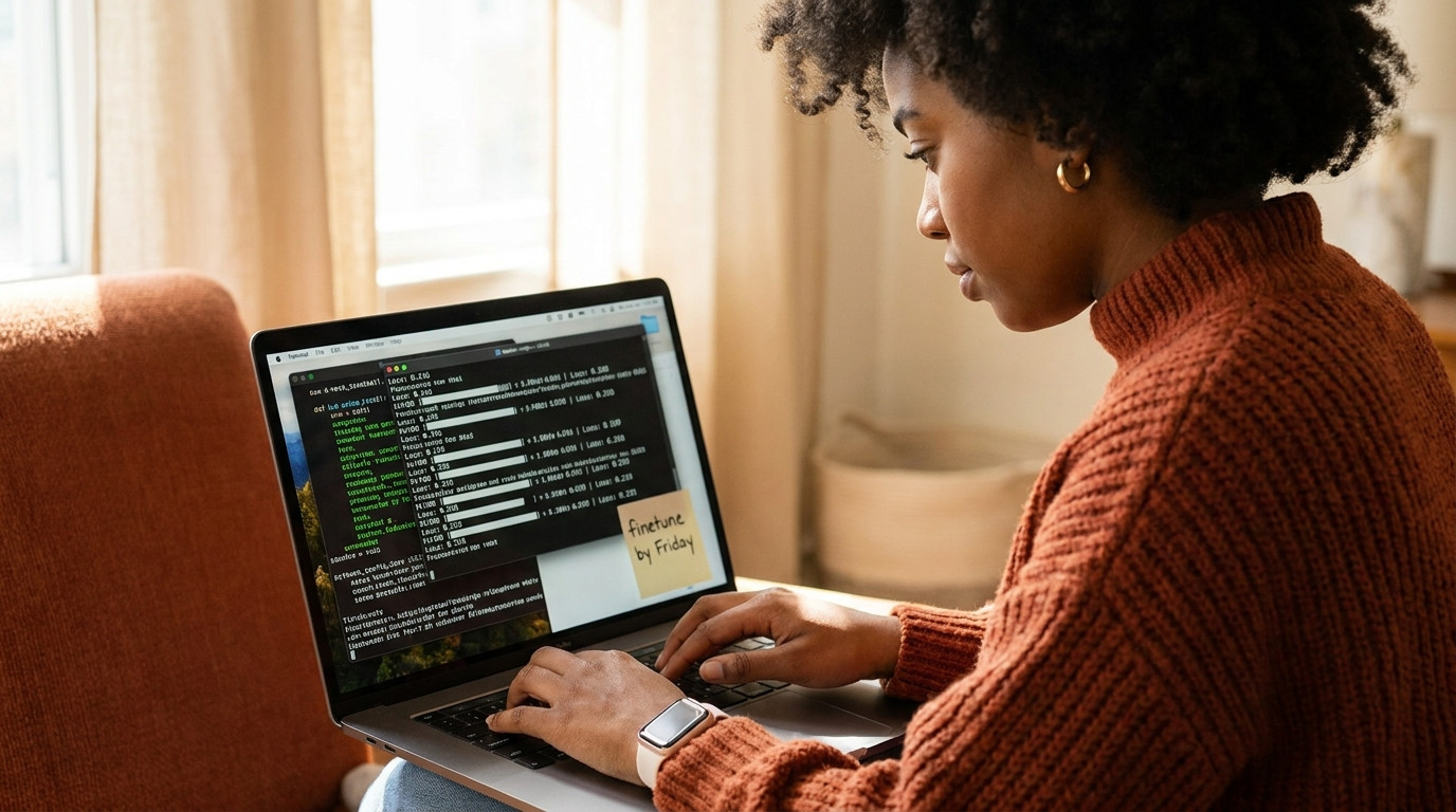 Close-up of a laptop screen showing a terminal with Python code and PyTorch model training output, progress bars and los