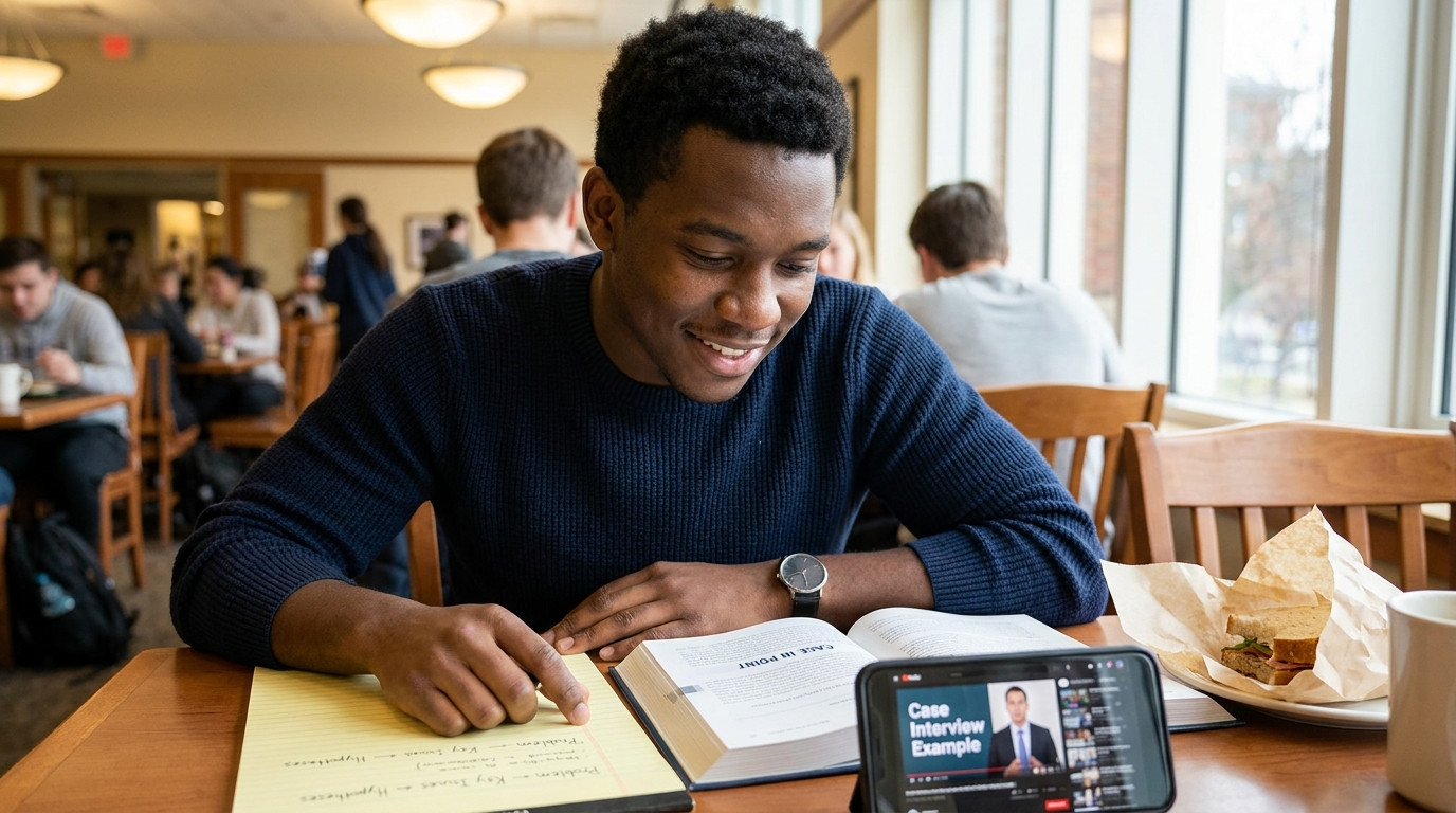 A college student at a dining hall table with a case prep book open, handwritten notes on a yellow notepad with a mini c
