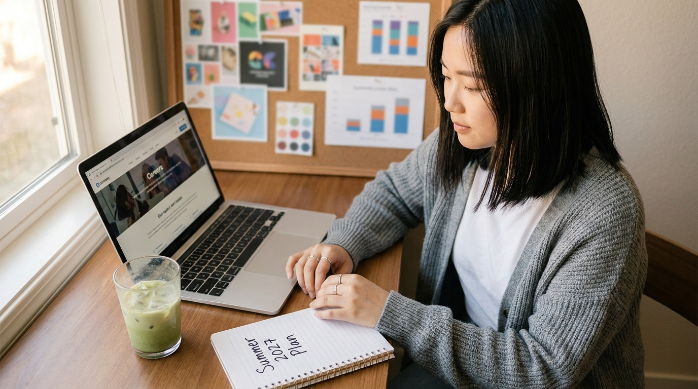A college student sitting at a desk with a colorful mood board pinned to the wal