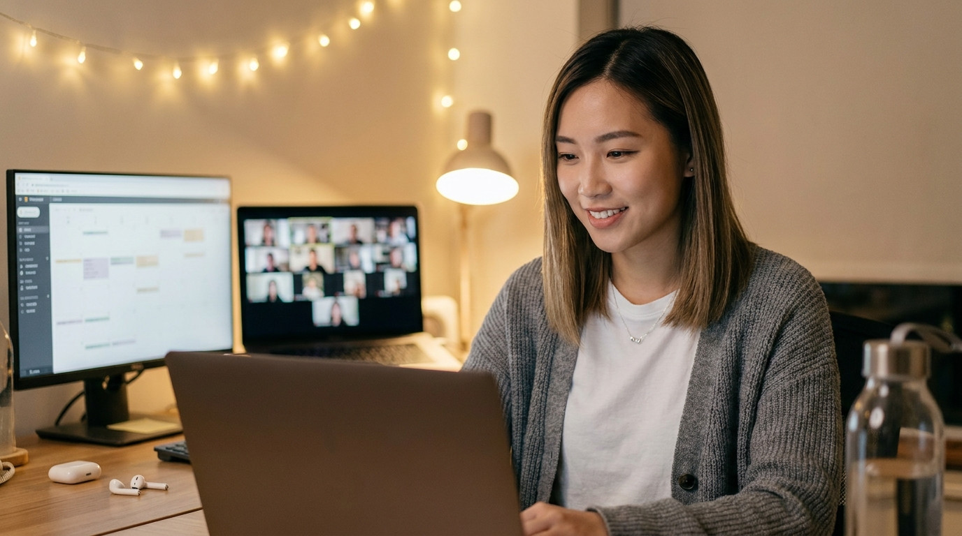 A student working from a cozy home setup with a second monitor showing a Zoom ca