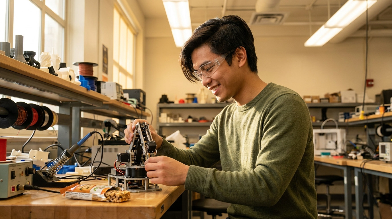 A young engineering student in safety goggles adjusting a robotic arm prototype in a university fabrication lab, surroun