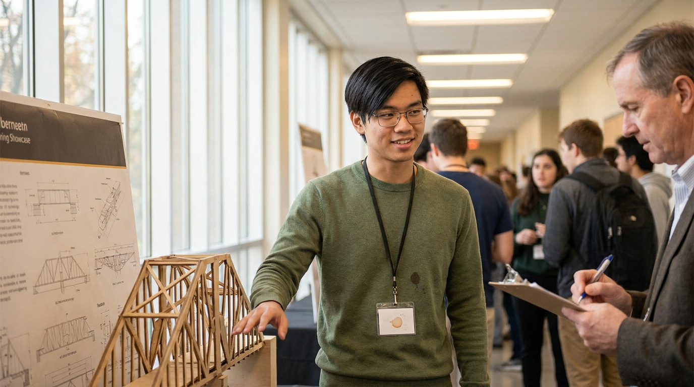 A young engineering student standing at a poster session in a university engineering showcase, gesturing toward a struct
