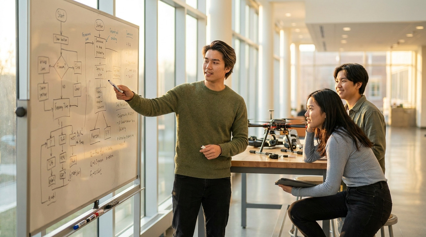 Three engineering students collaborating around a large whiteboard covered in system architecture diagrams and flow char