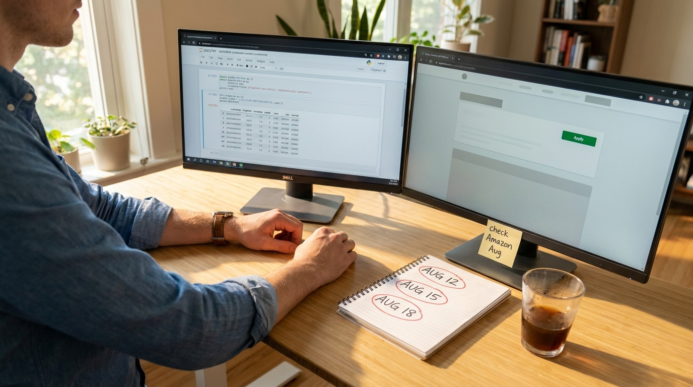 A student at a standing desk with dual monitors, one showing a Python notebook w