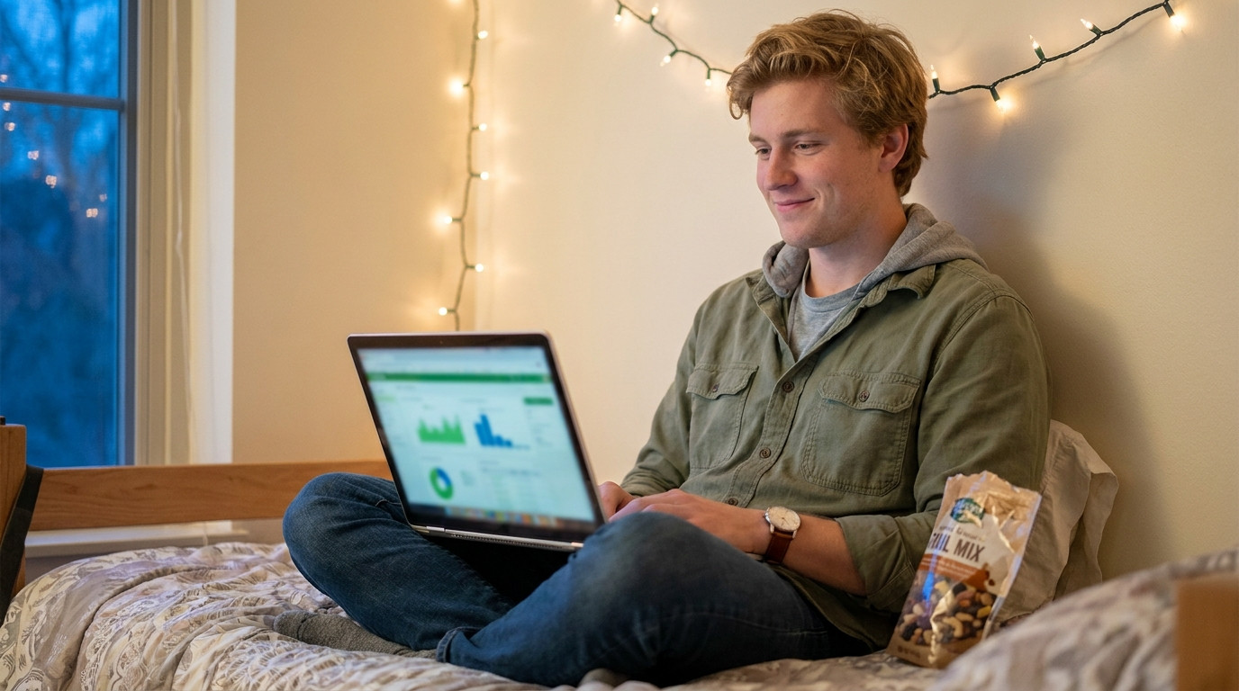 A student in a hoodie sitting cross-legged on a dorm bed with a laptop balanced on their knees, the screen showing a Git