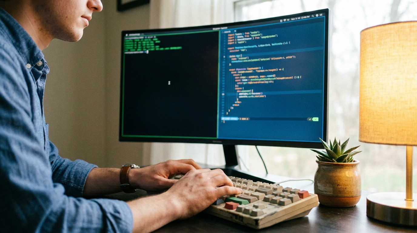 A student's hands typing a natural language prompt into a terminal showing Claud