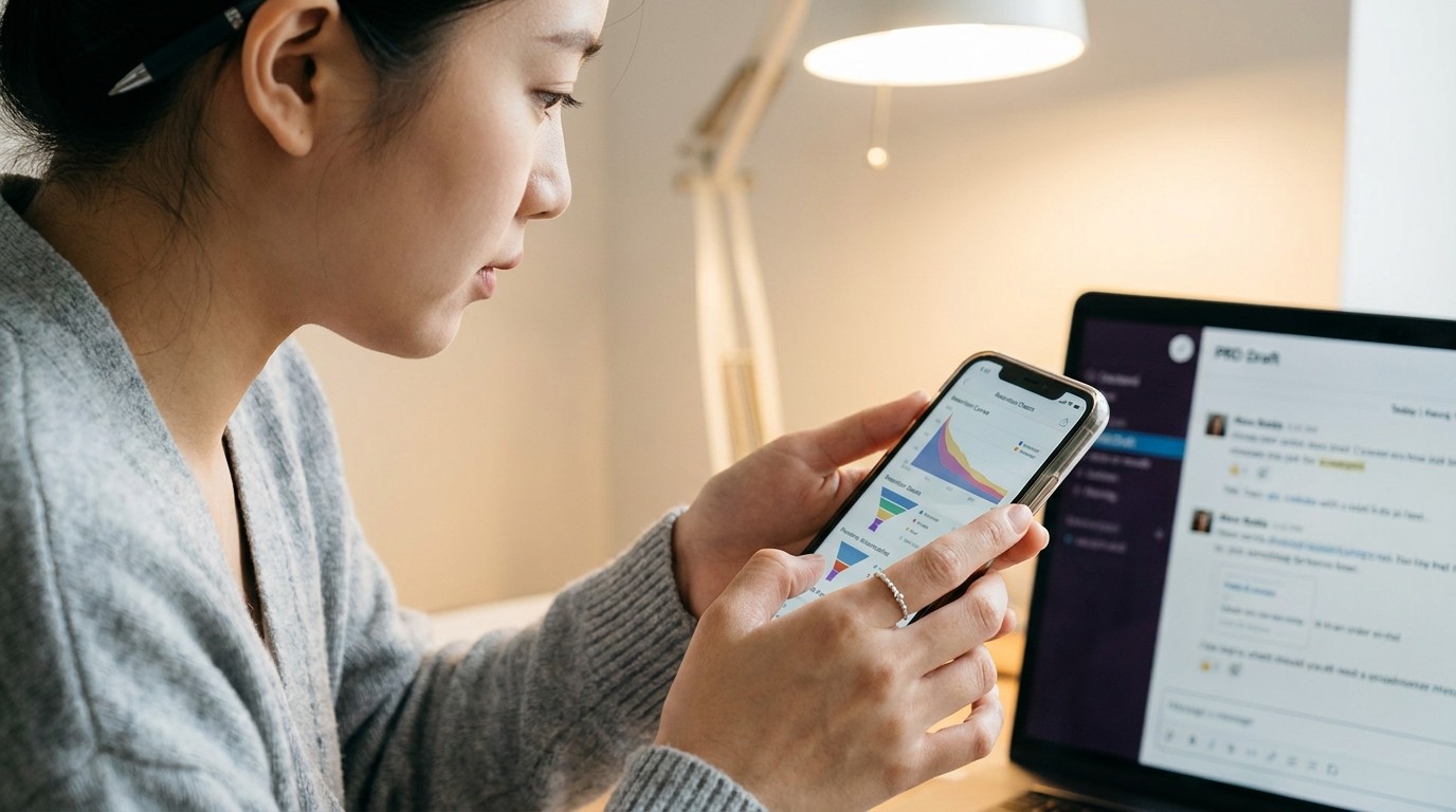 A student's hands holding a phone showing a product analytics dashboard (retenti