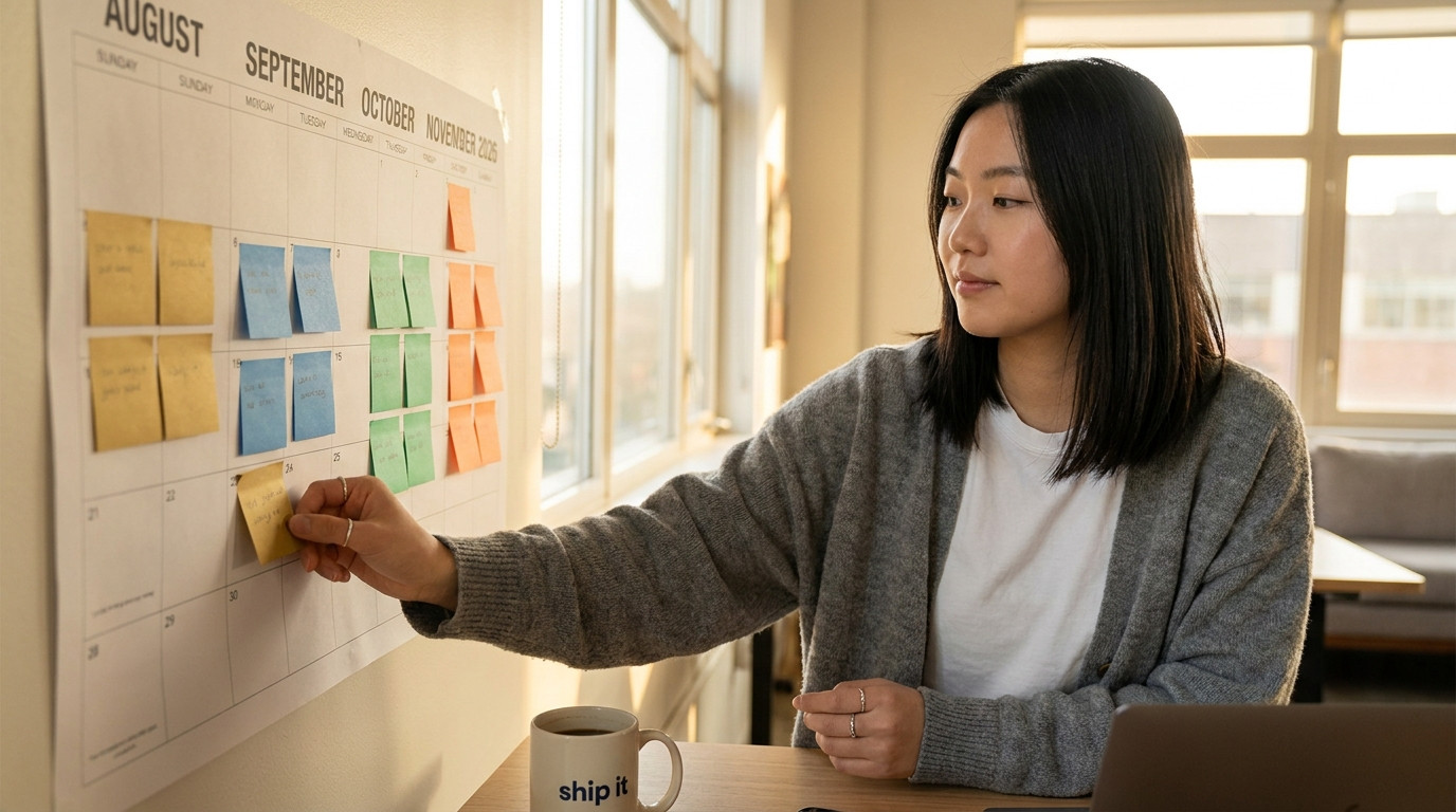 A large wall calendar in a co-working space showing August through November 2026, with color-coded sticky notes marking