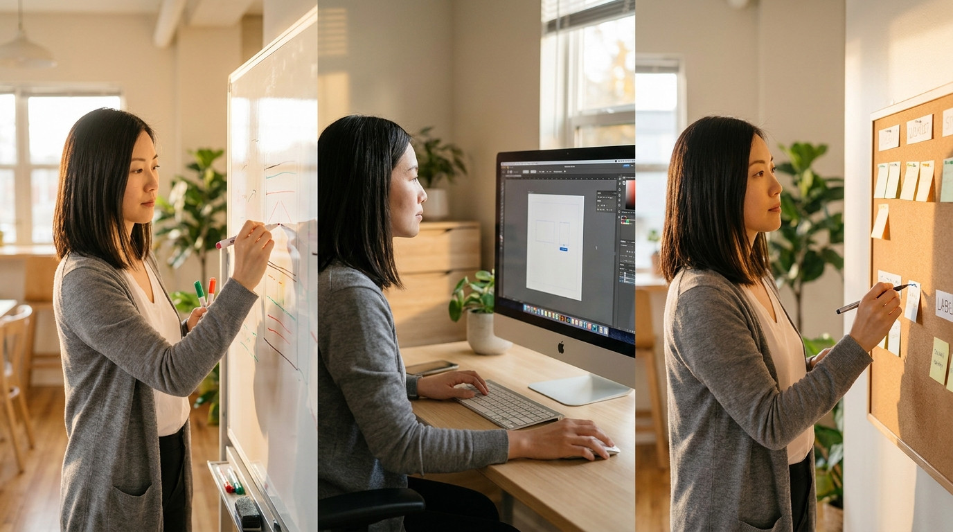 A split-screen composition showing three PM work environments: a student sketching user flow wireframes on a whiteboard