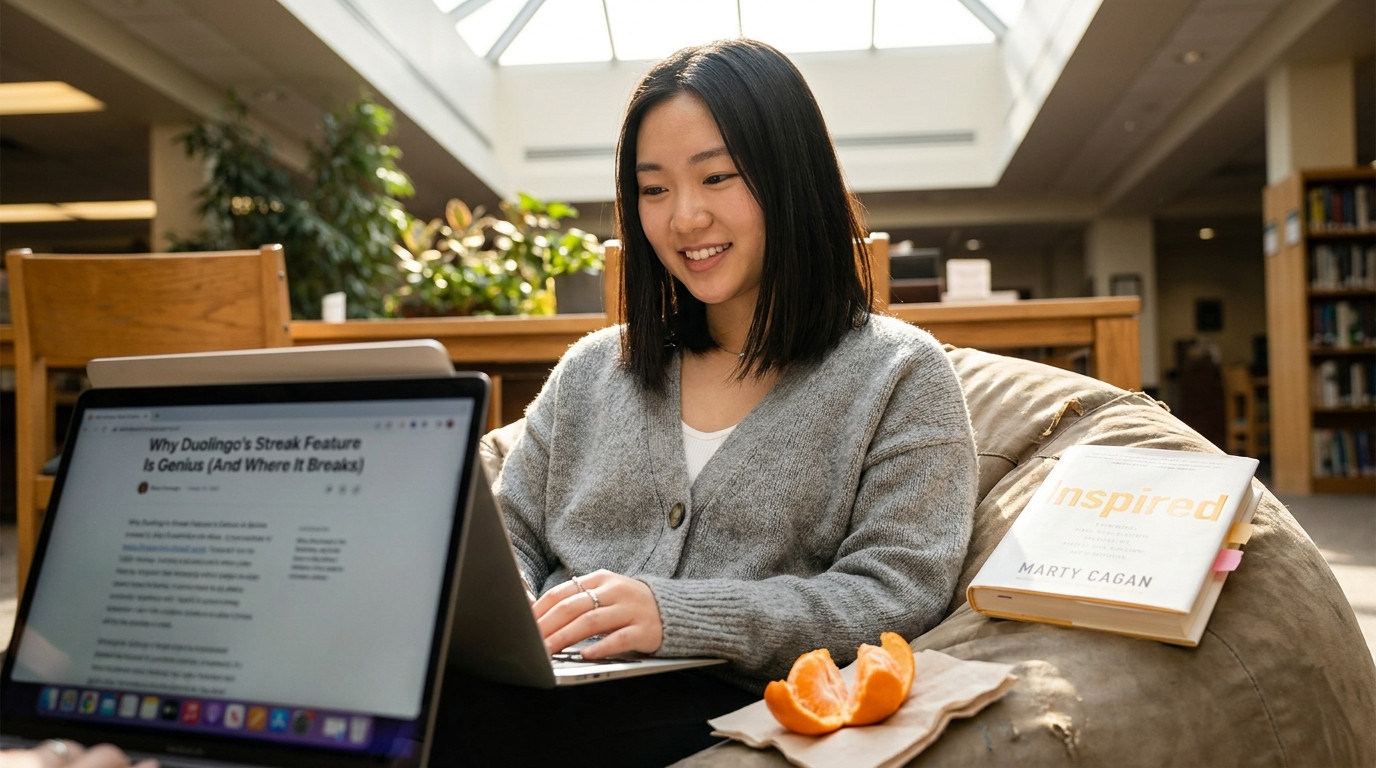 A student in a university common area sitting on a beanbag chair with a laptop, the screen showing a Substack draft titl