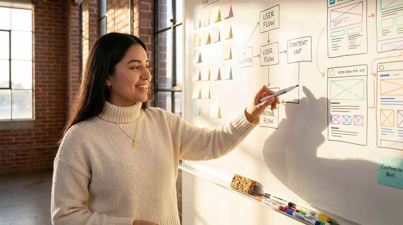 A young designer standing at a large wall-mounted whiteboard covered in colorful wireframe sketches and sticky notes, po
