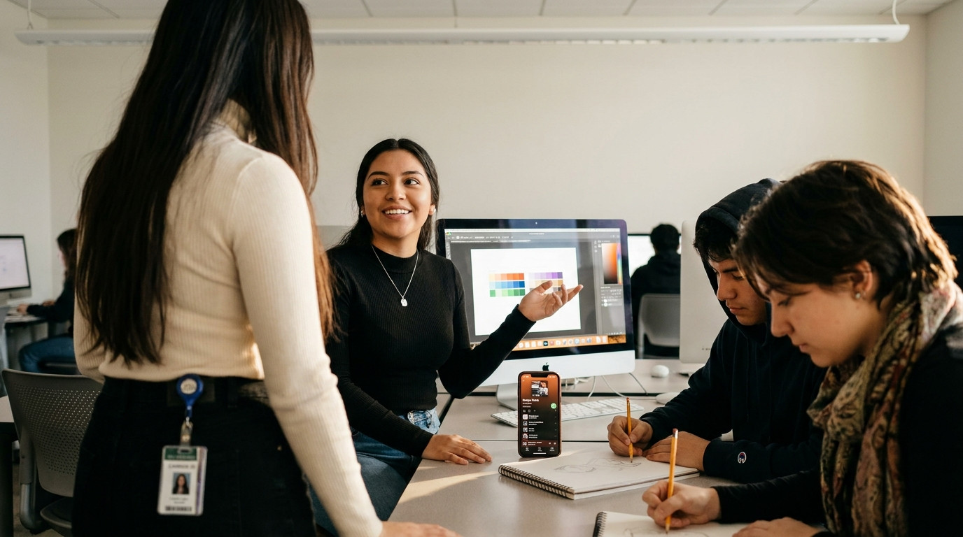 Three design students huddled around a large monitor in a university computer lab, one standing and gesturing at a color