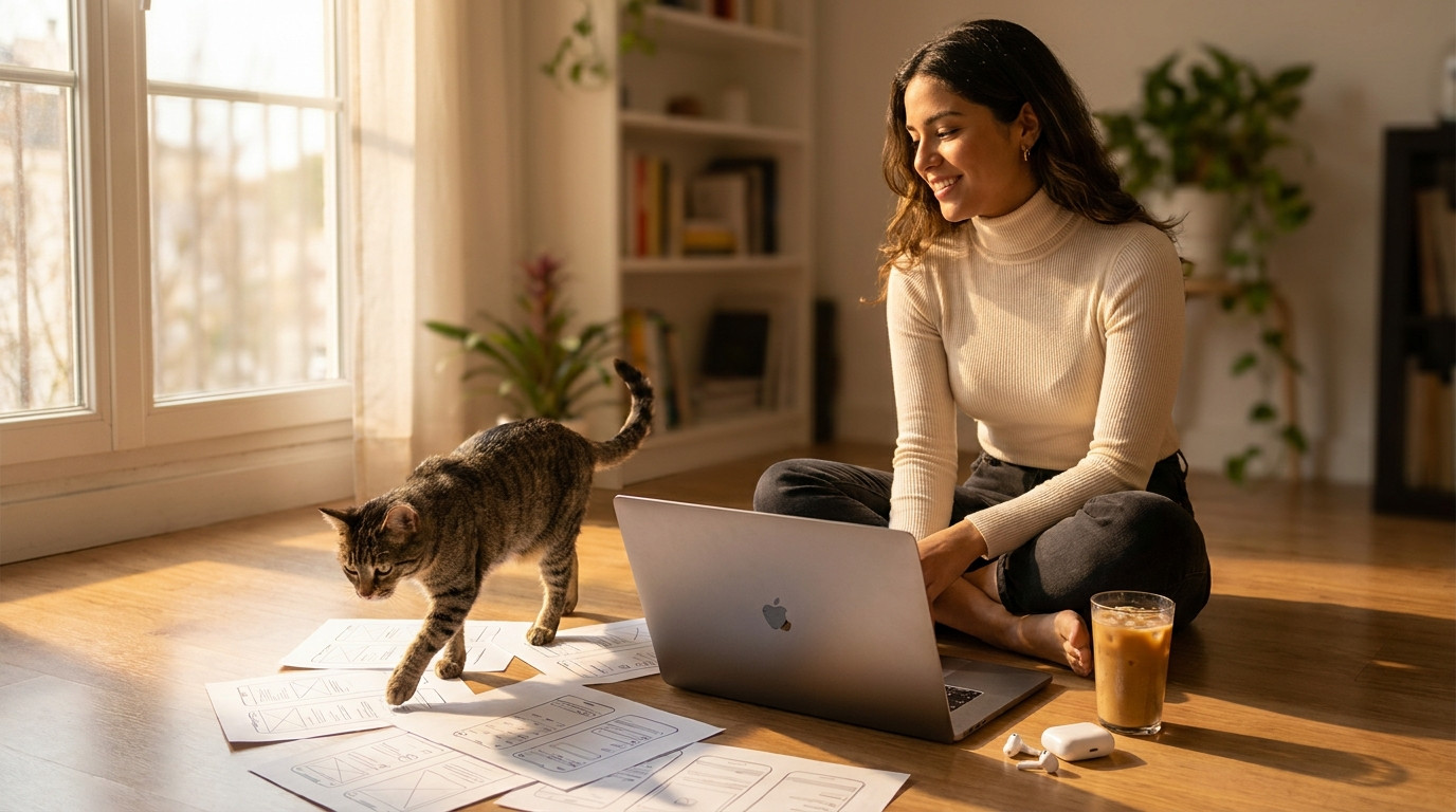 A young designer sitting cross-legged on the floor of a sunlit apartment, laptop