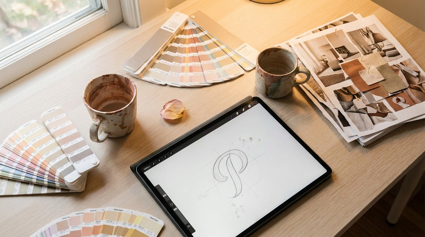 A close-up of a designer's desk showing an iPad Pro with a half-finished logo sk
