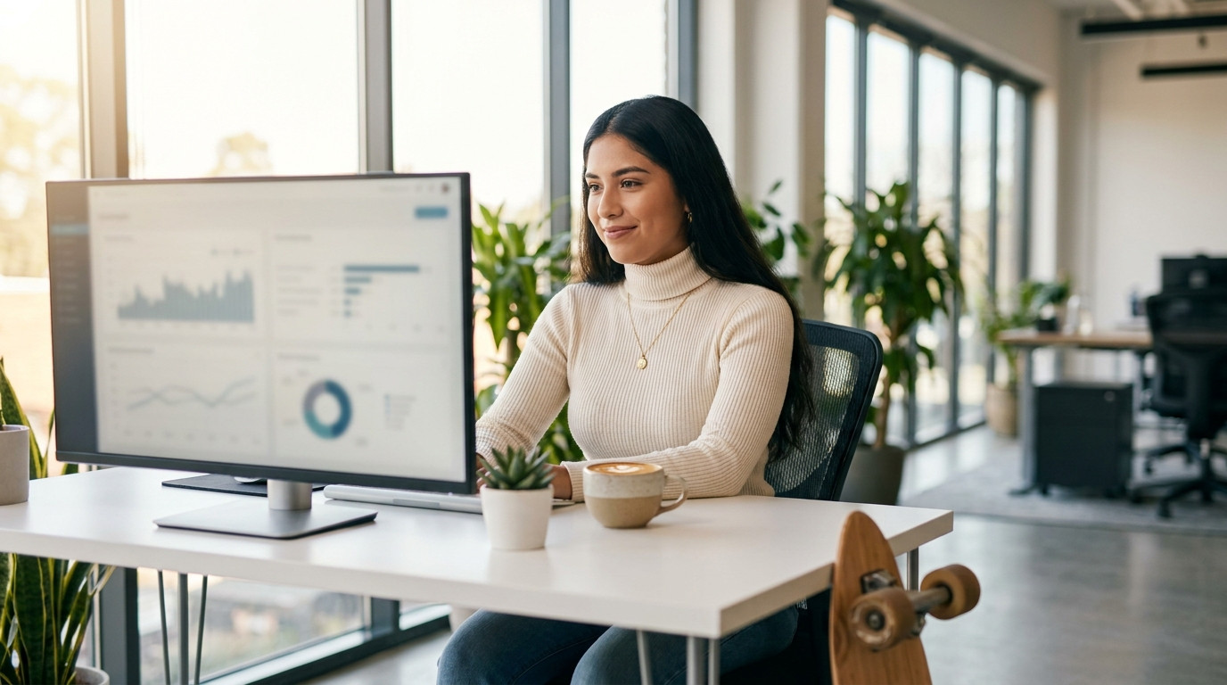 A young financial professional reviewing data on a widescreen monitor in a moder