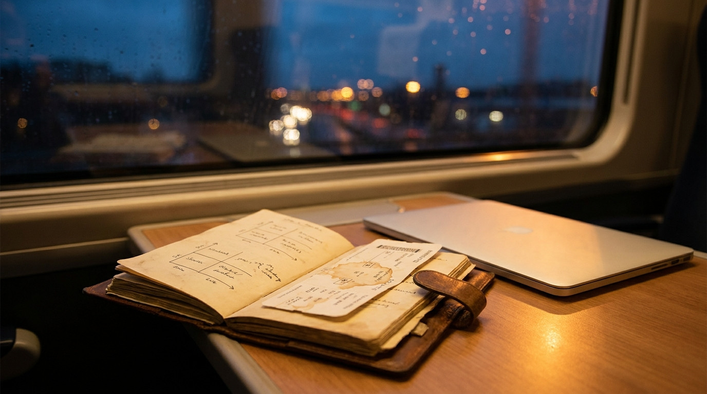 Close-up of a worn leather notebook open on a train tray table, filled with hand