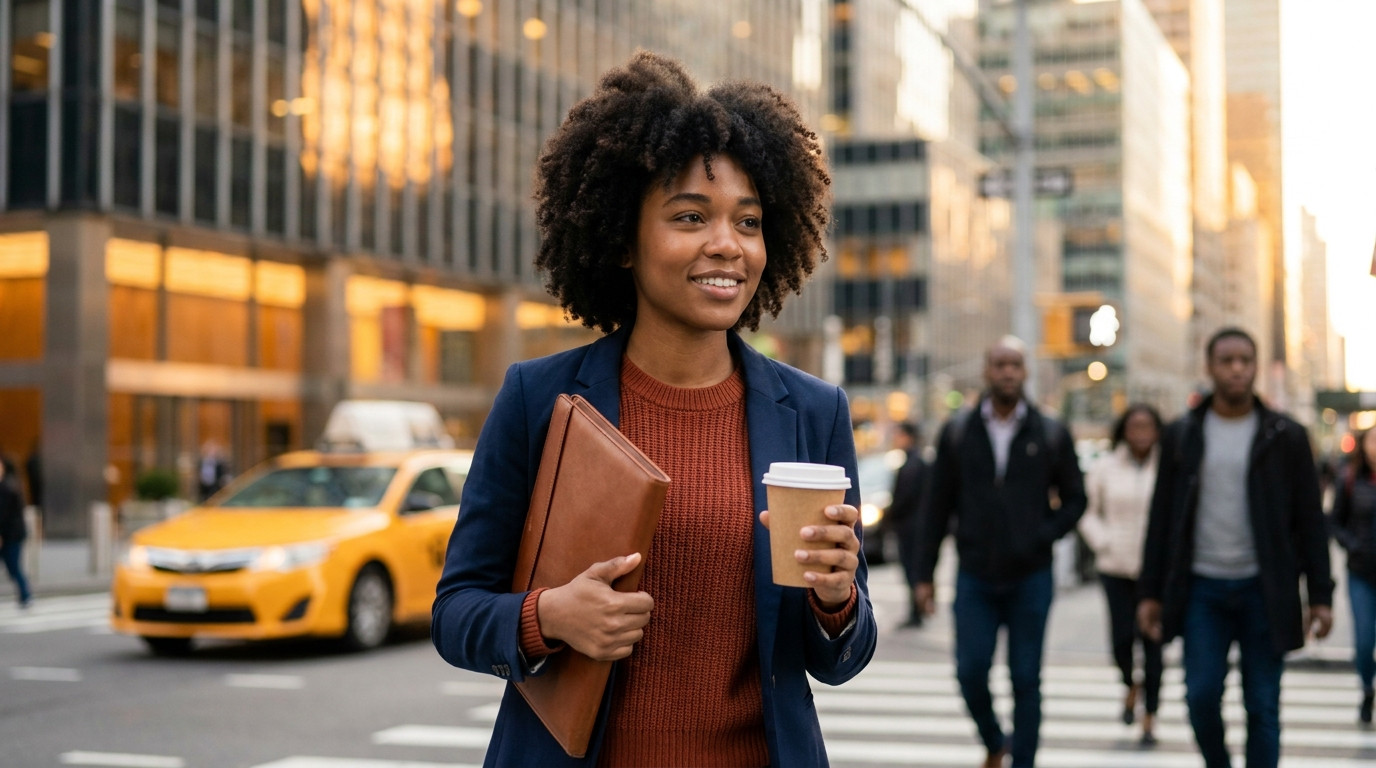 Young professional in a navy blazer walking briskly through a Midtown Manhattan