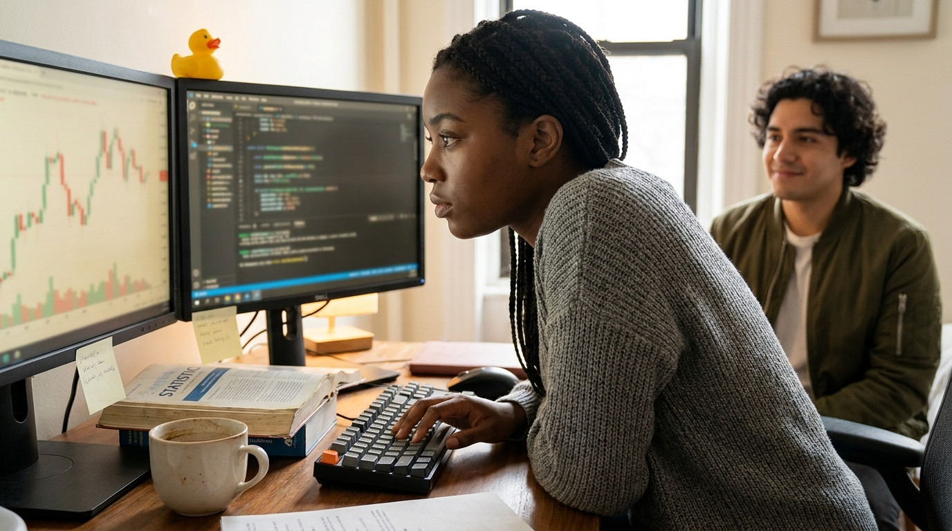 A focused Black woman in her early twenties sitting at a cluttered home desk, le