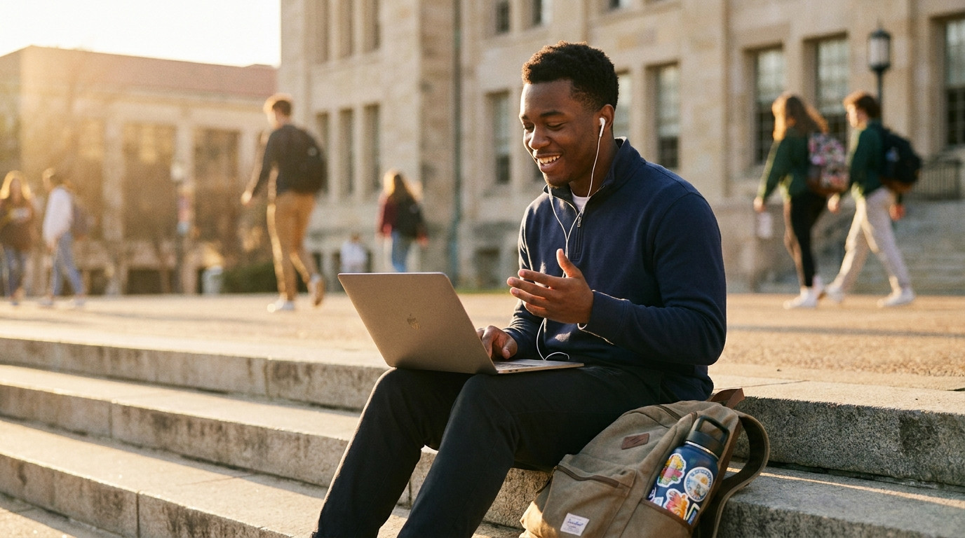 A student perched on outdoor concrete steps on a campus quad at golden hour, lap