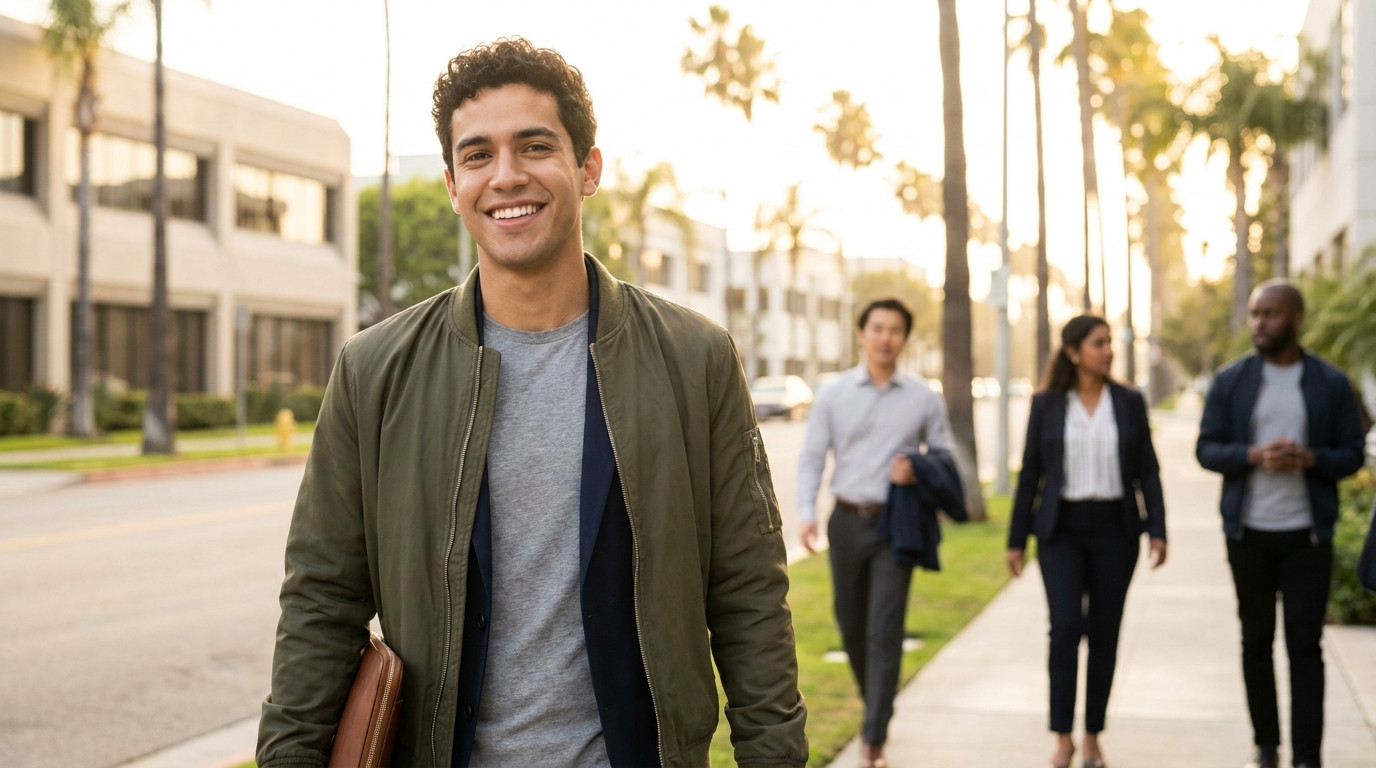 A college student in a simple navy blazer and white t-shirt walking through a tree-lined sidewalk in a sunny Silicon Val