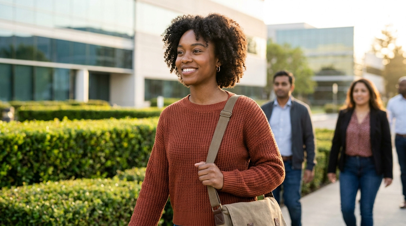 A college student walking through a sunlit Silicon Valley office park on a warm morning, low modern glass buildings and