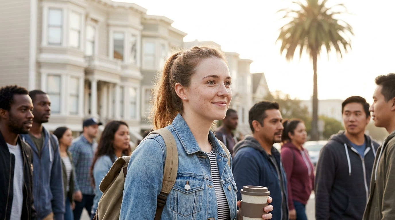 A graduate student in a plain dark pullover walking through the Mission District in San Francisco on a bright weekday mo