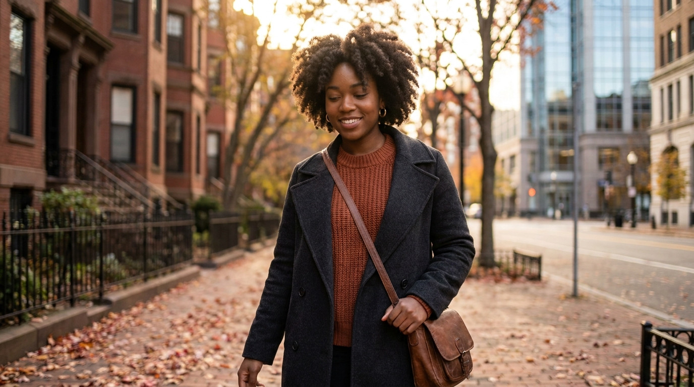 A college student in a charcoal overcoat and brown leather bag walking through a downtown Boston street on a crisp autum