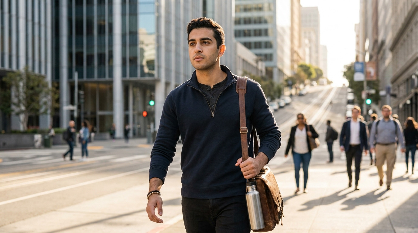 A college student in a plain navy quarter-zip walking briskly through the San Francisco Financial District on a clear mo
