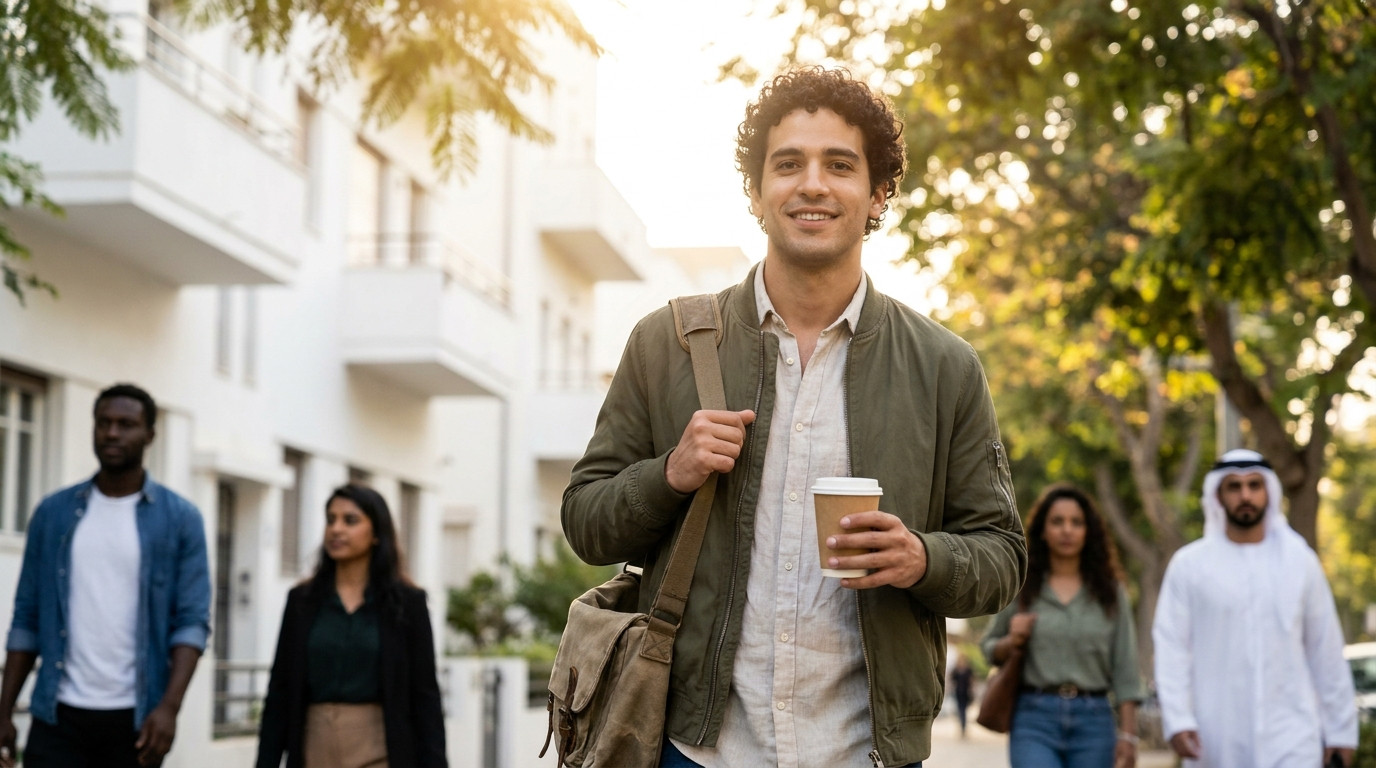 A graduate student in a light linen shirt walking along Rothschild Boulevard in Tel Aviv on a warm morning, Bauhaus-styl