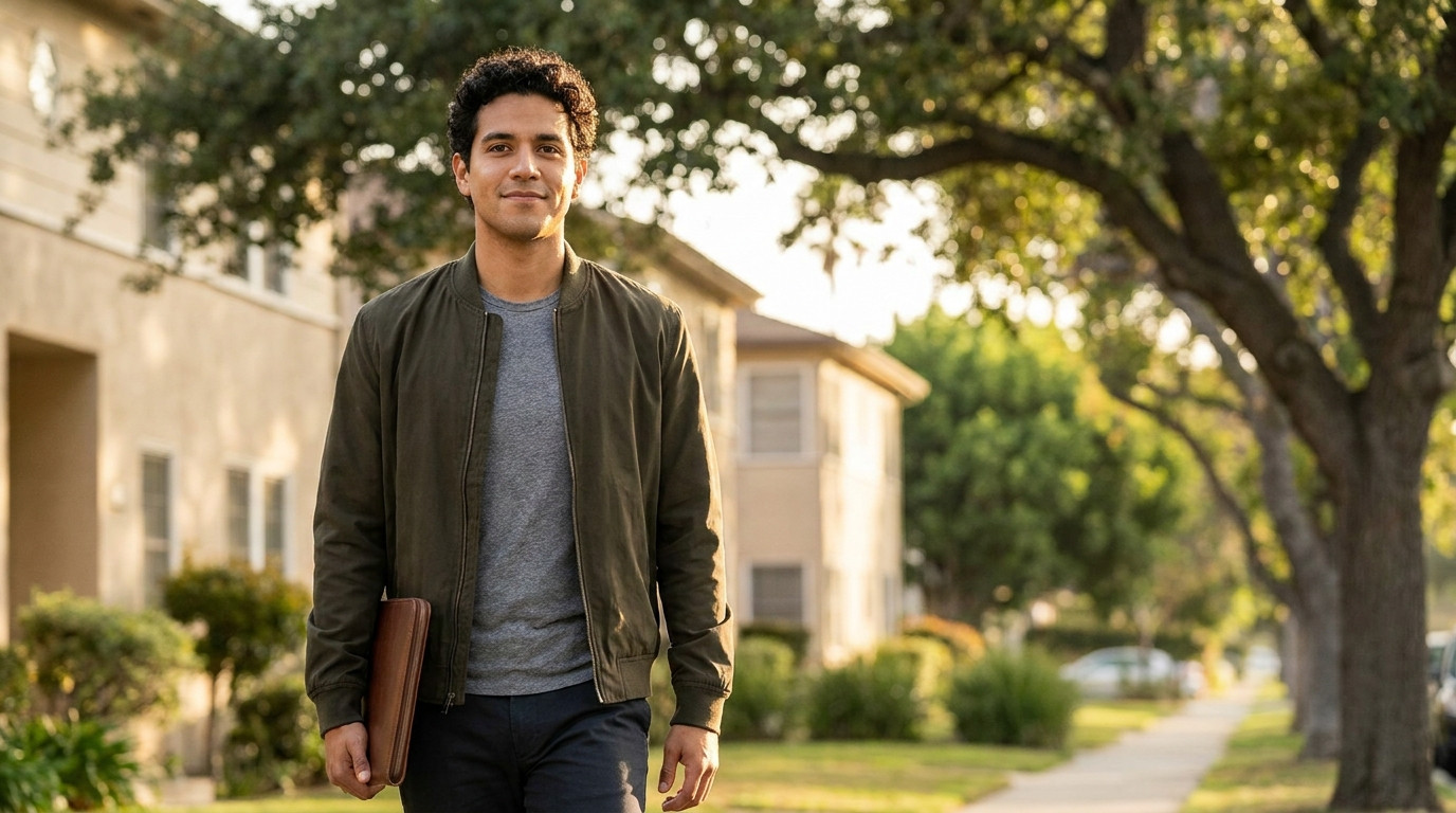 A college student in a navy blazer and white sneakers walking along a tree-lined suburban road on a sunny California mor