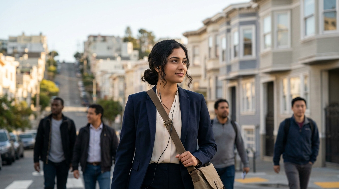 A college student in a simple olive-green field jacket walking through a San Francisco street on a clear morning, Victor
