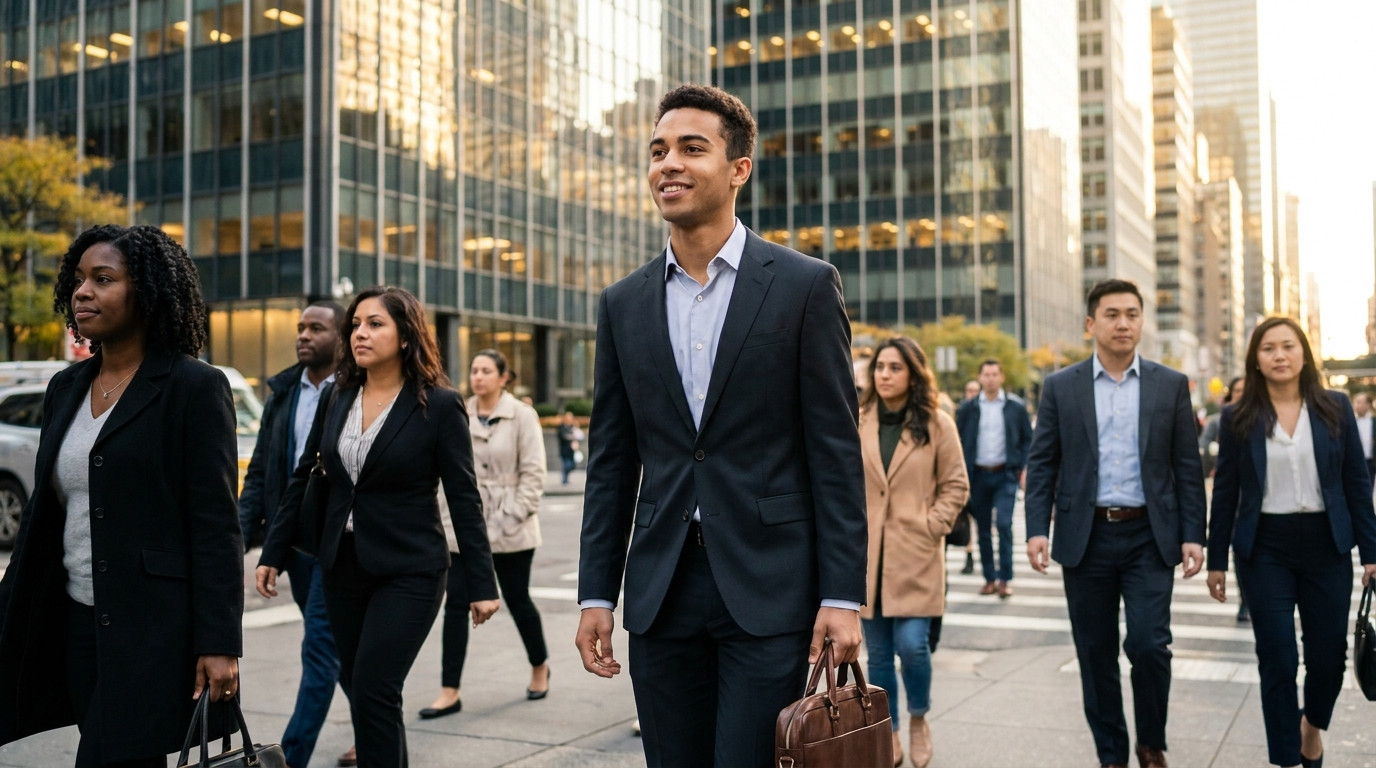 A college student in a dark suit and open-collar dress shirt walking along a wide Manhattan sidewalk on a clear autumn m