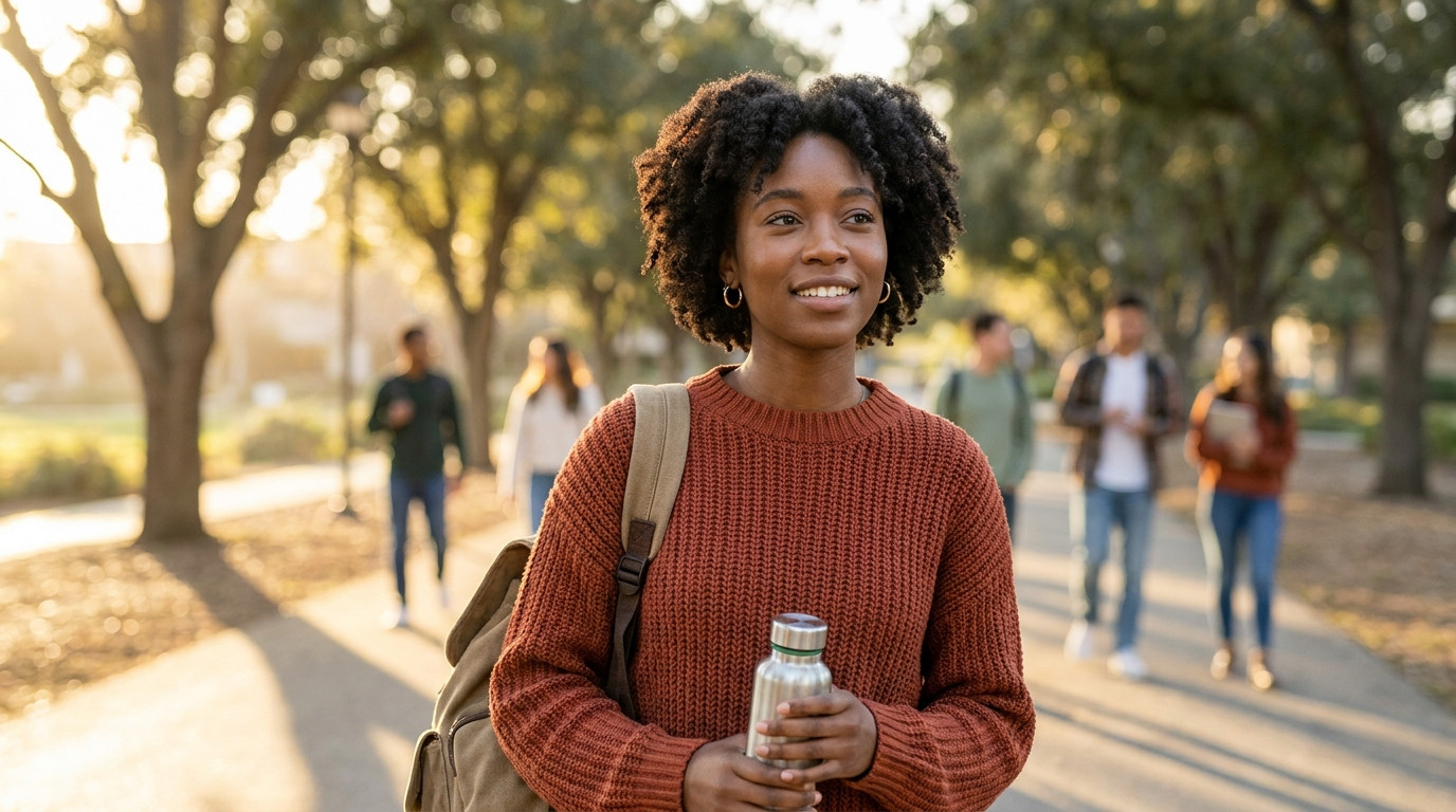 A college student in a plain navy crewneck walking through a research park on a clear January afternoon, low California