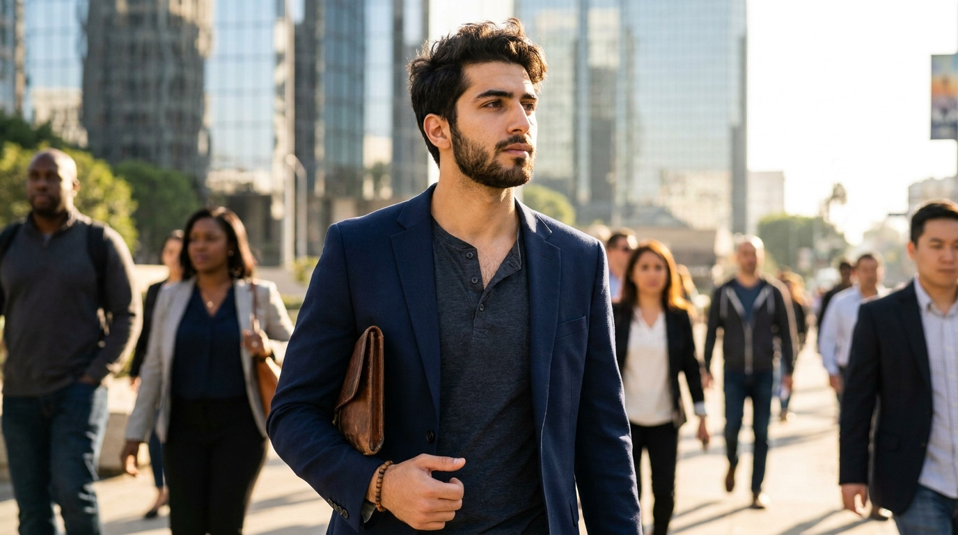 A college student in a navy blazer and open-collar dress shirt walking through a sunlit downtown Los Angeles sidewalk on