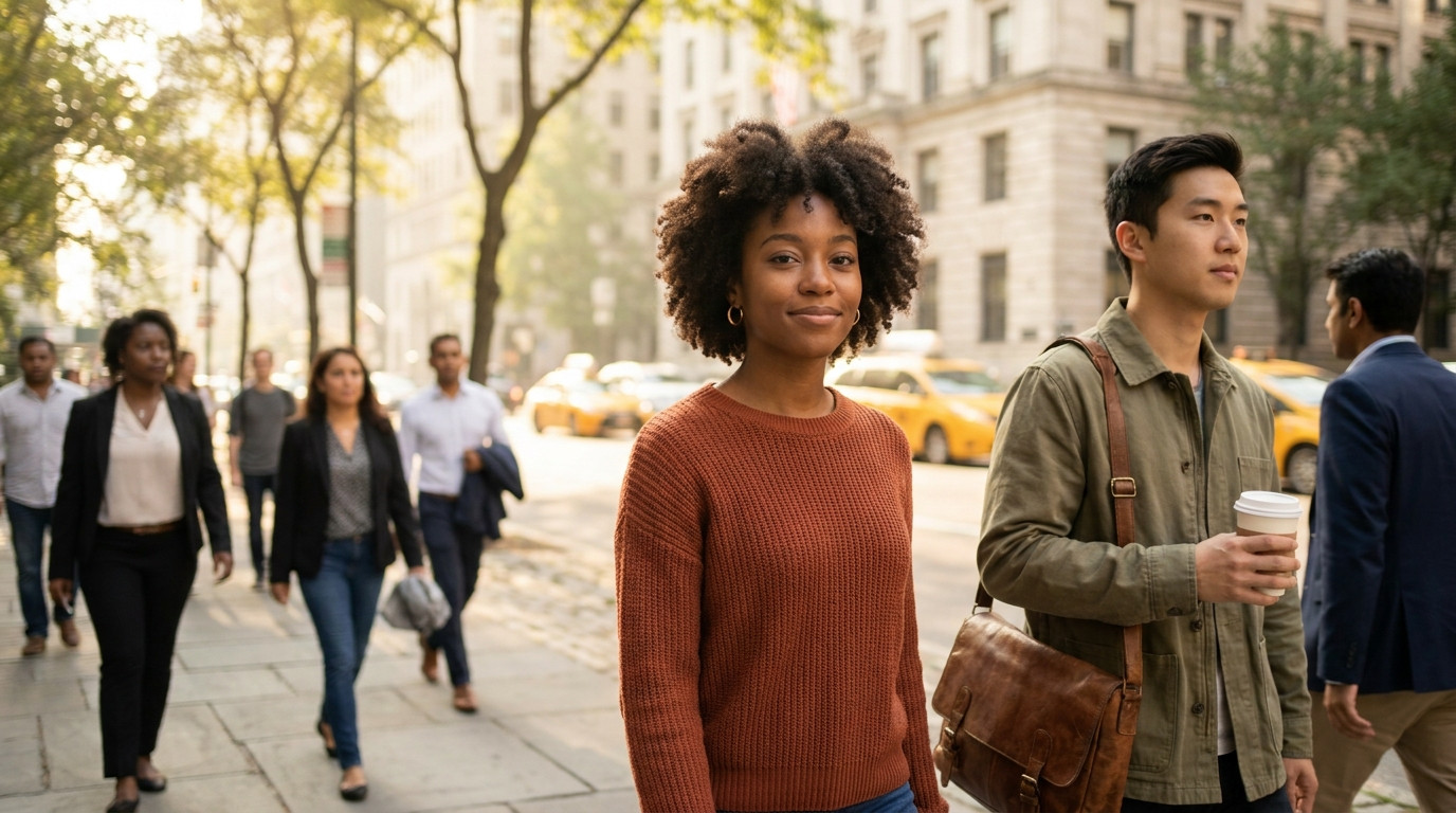 A young professional in a simple olive-green jacket walking through Midtown Manhattan on a crisp September morning, a wi