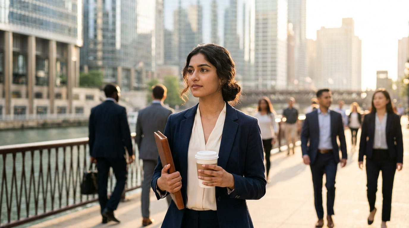 A college student in a crisp white shirt and dark slacks walking through a morning-lit downtown Chicago sidewalk, the Ch