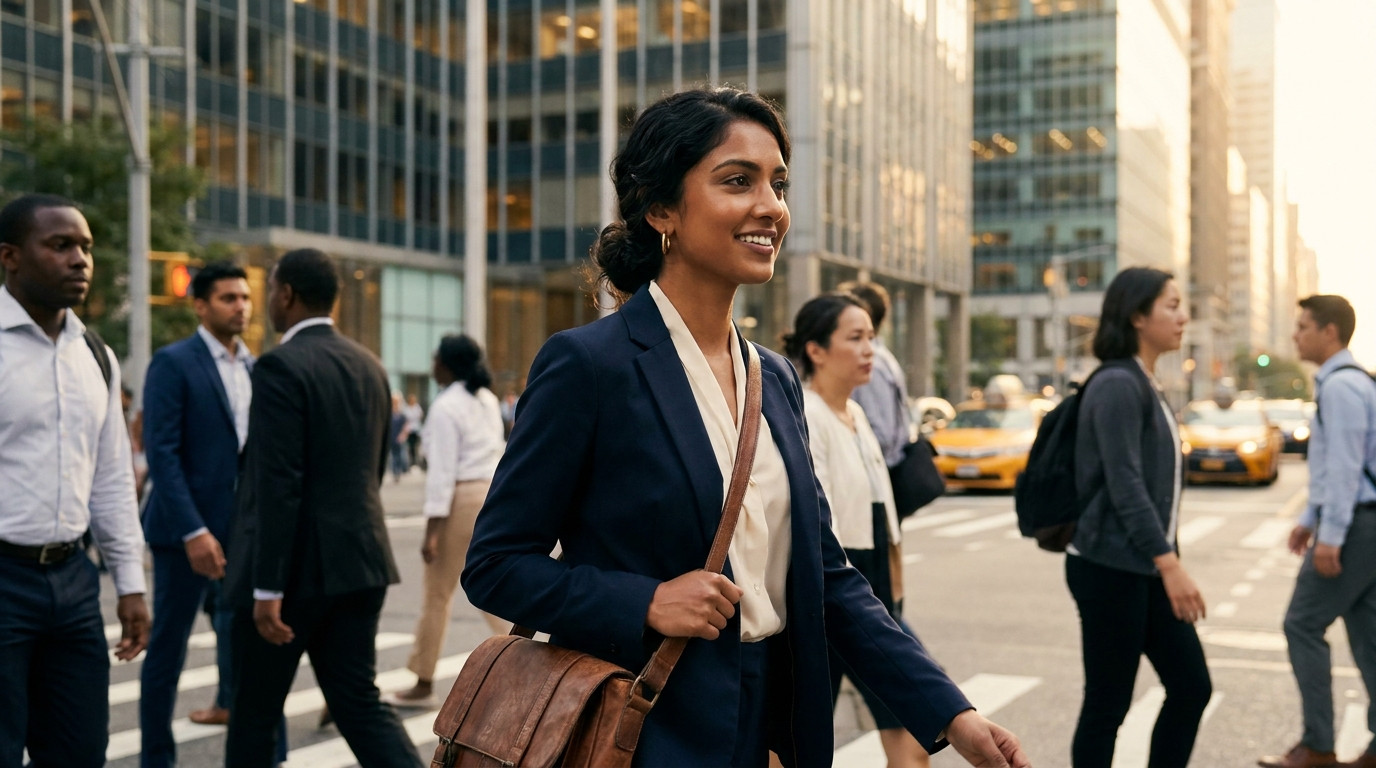 A college student in a tailored blazer and white sneakers walking through a busy Manhattan crosswalk on a warm June morn